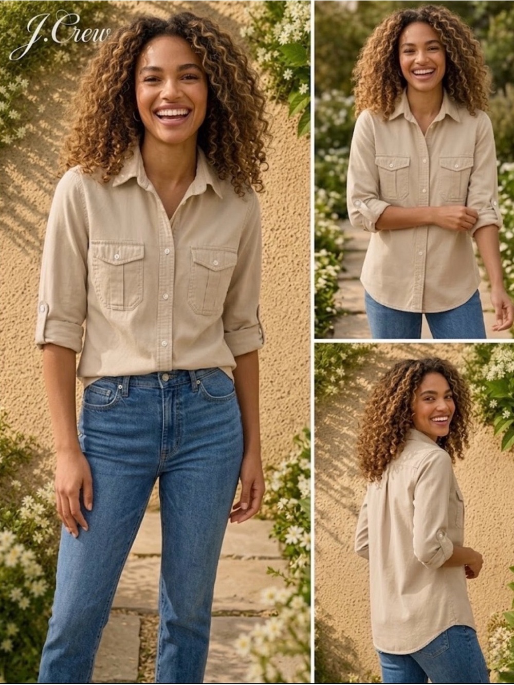 J Crew Button-Down Cotton Khaki Tan Top, Sleeve Roll-Tabs ⭐️ Like New - Picture 10 of 16